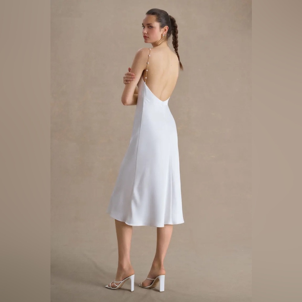 Jenny Yoo Kelly V Neck Satin Midi Dress with Pearl and Chain Straps Size 10